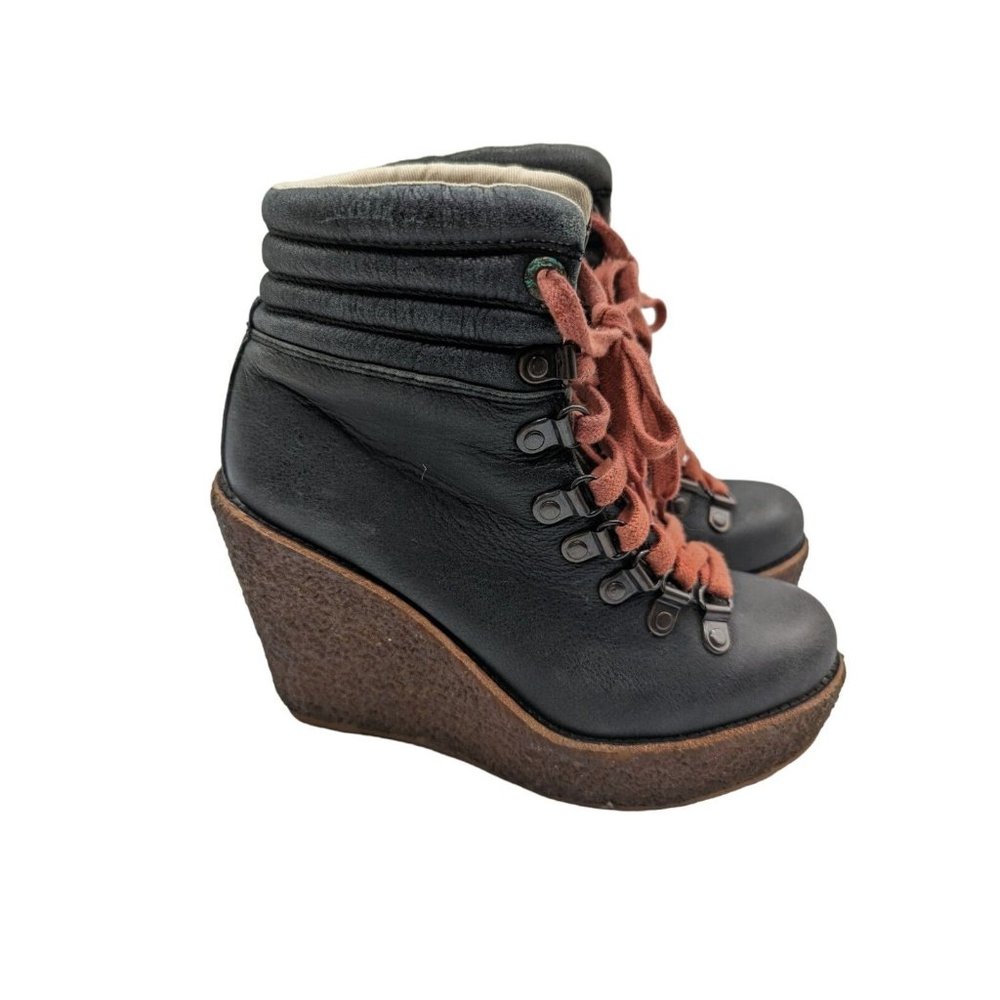 Philip Simon Hiker Heel Wedge Boots  Black Leather  Size: 5.5